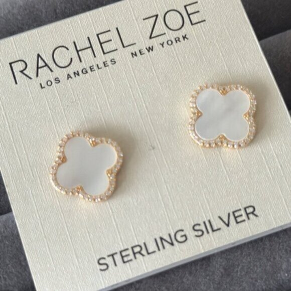 Rachel Zoe Mother of Pearl Sterling Silver 925 Gold Plated Clover Stud Earrings